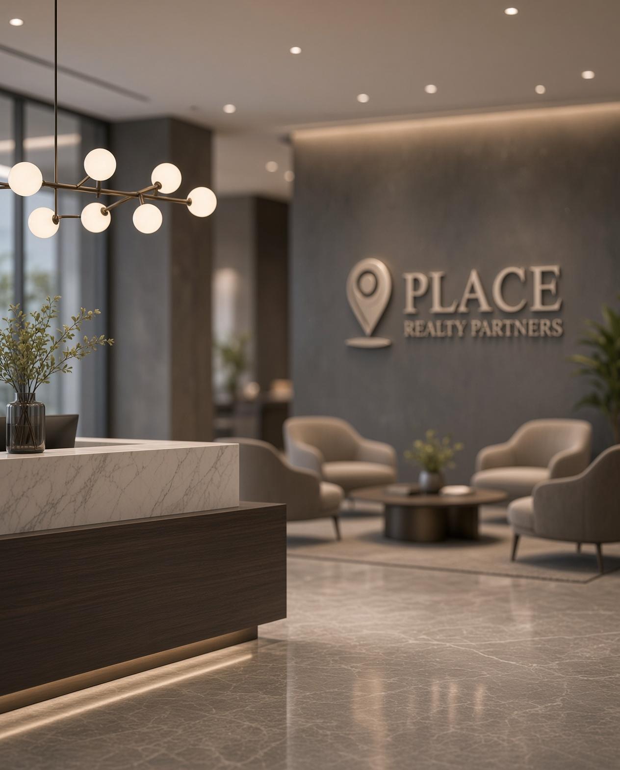 Place Realty Partners lobby with reception desk, lounge seating, and brand signage